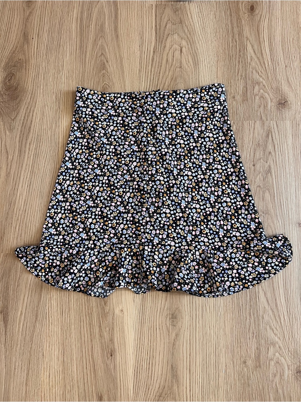 Black Floral Mini Skirt with Ruffle Hem